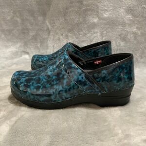 Sanita Danish Clogs‎ Size 38 Blue Patent Leather Leopard Print Slip On Shoes
